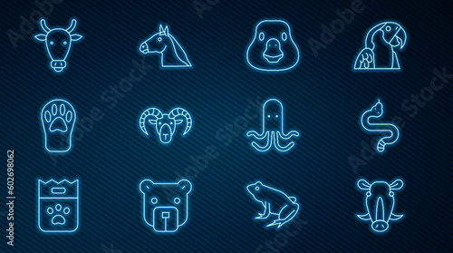 Set line Wild boar head, Snake, Goose bird, Head of goat or ram, Paw print, Cow, Octopus and Horse icon. Vector