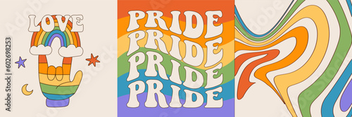 Set of square greeting cards for LGBTQIA Pride Month. Social media post collection with groovy abstract elements and words - pride, love. A hand gesture, text and rainbow with meaning of LGBT flag.