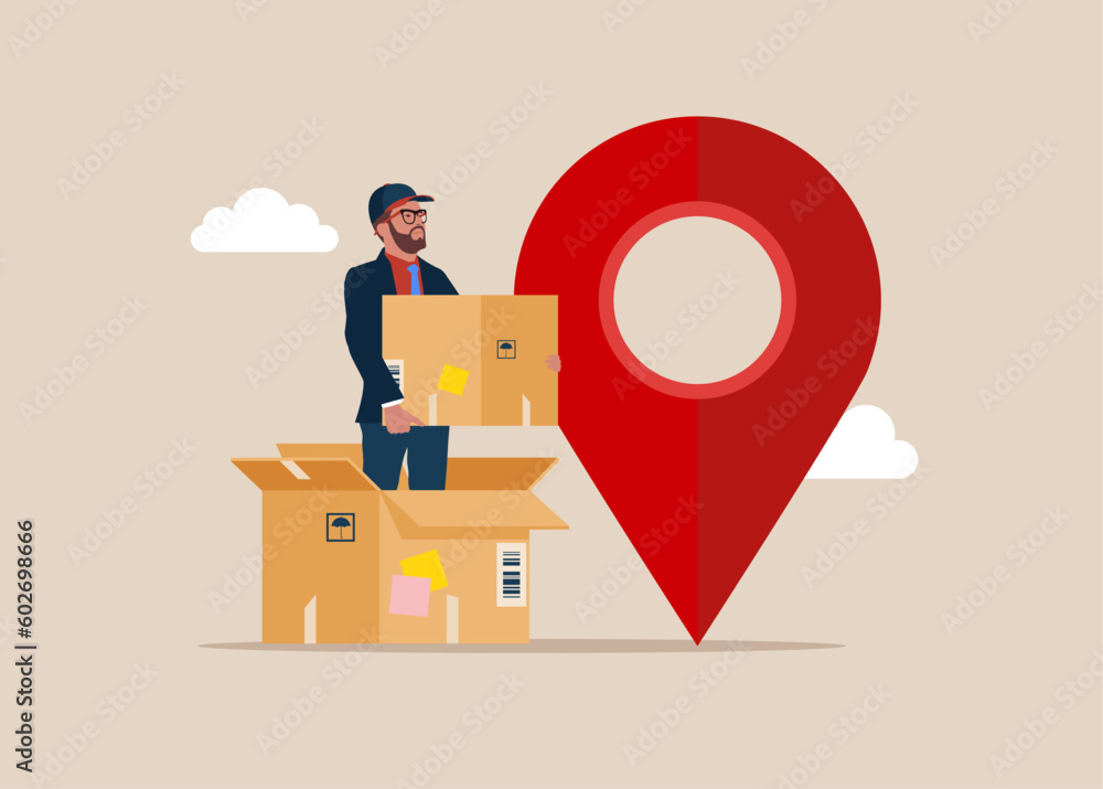 Courier in a box. GPS navigator with pointer on place of destination