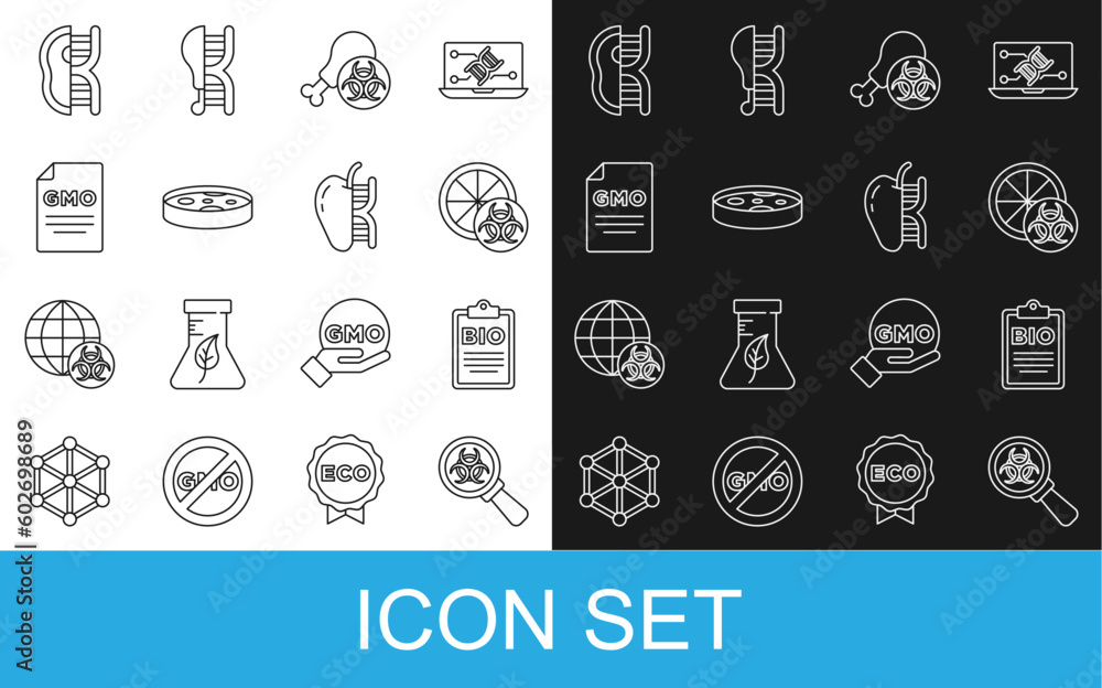 Set line Biohazard and magnifying glass, Document for bio healthy food, Genetically modified orange, Gmo research chicken, Petri dish with bacteria, GMO, meat and apple icon. Vector Set line Biohazard and magnifying glass, Document for bio healthy food, Genetically modified orange, Gmo research chicken, Petri dish with bacteria, GMO, meat and apple icon. Vector