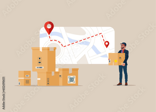 Courier brought package. Tablet with tracker, map with delivery tracking. GPS navigator pointer. Delivery services. Stay safe concept. Flat vector illustration.