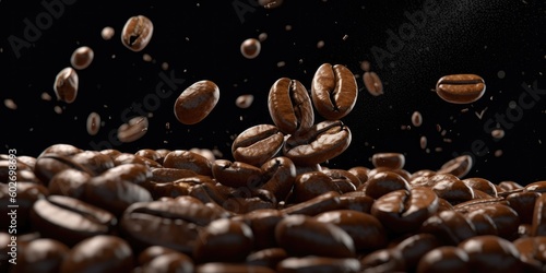 coffee beans flying over black background Generative AI