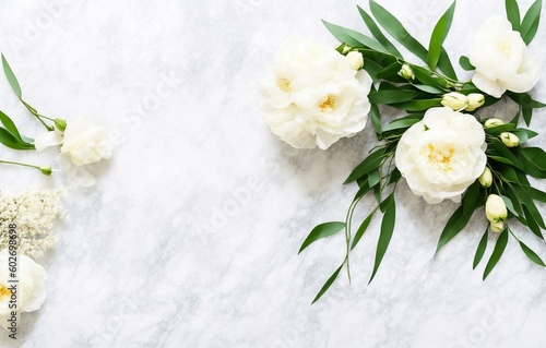 Wedding floral still life composition. Bouquet of white peony flowers, olive branches on marble table with silk cloth and ribbon. Vintage feminine photo, flat lay, top view, no people. Generative AI