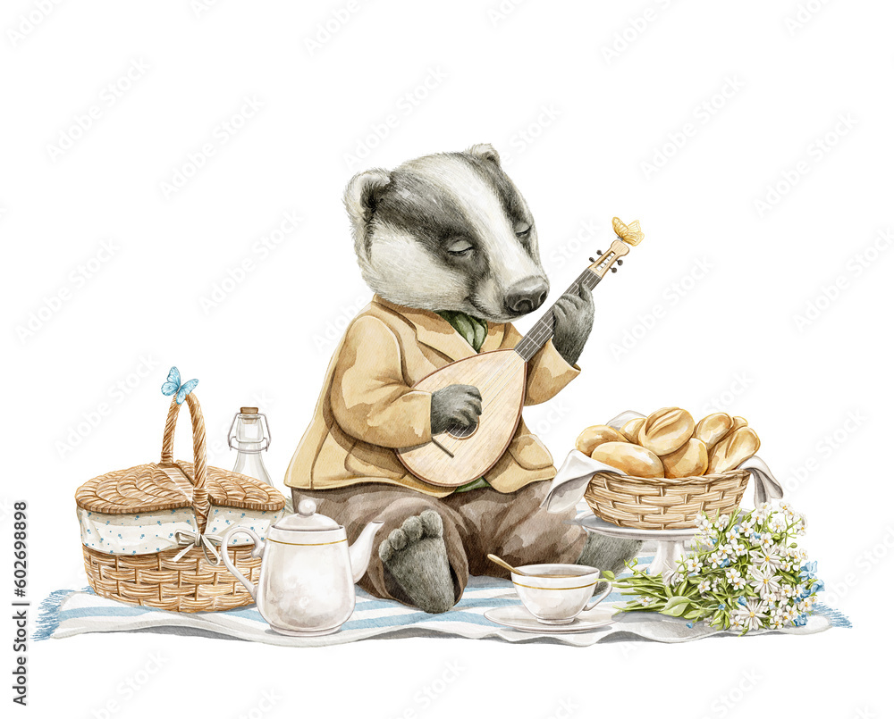 Watercolor vintage summer composition with badger musician in clothes sitting and playing the lute on picnic tea party with food and beverages. Hand drawn illustration sketch