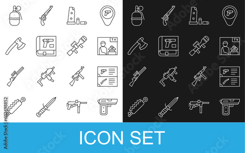 Set line Pistol or gun, Weapon catalog, Advertising weapon, Gun magazine and bullets, Book with pistol, Wooden axe, Hand grenade and Sniper optical sight icon. Vector