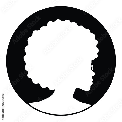 Silhouette cameo of an African American woman with an afro and glasses in a round frame