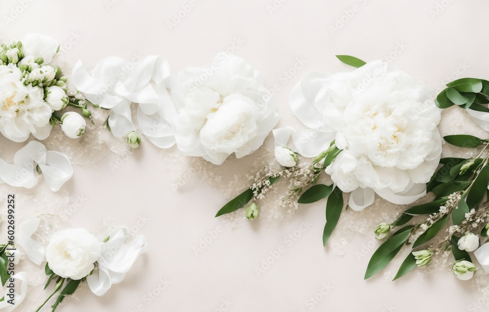 Wedding floral still life composition. Bouquet of white peony flowers, olive branches on marble table with silk cloth and ribbon. Vintage feminine photo, flat lay, top view, no people. Generative AI - obrazy, fototapety, plakaty 