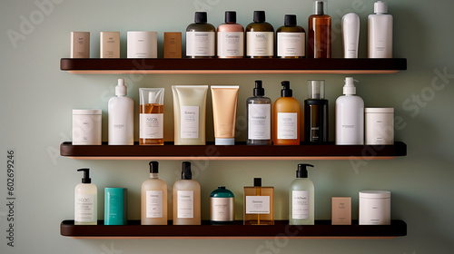 Elegant Bathroom Organization: Serene Minimalist Shelf with a Collection of Exquisite Products. Generative AI.