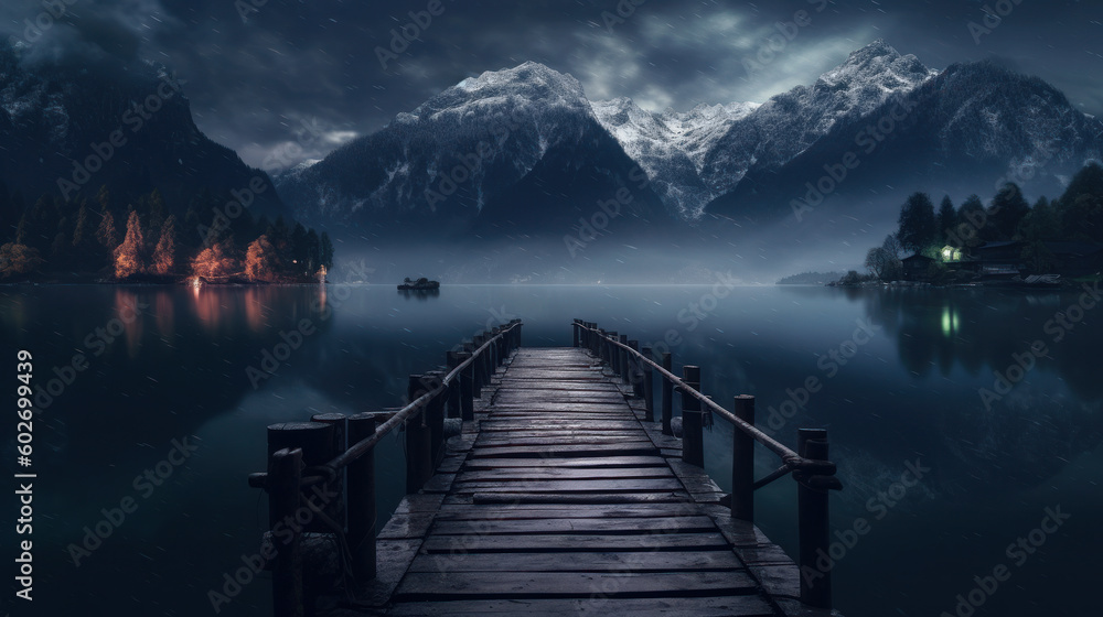 Alpine Serenity: Jetty Reflections in Foothills Lake. Generative AI