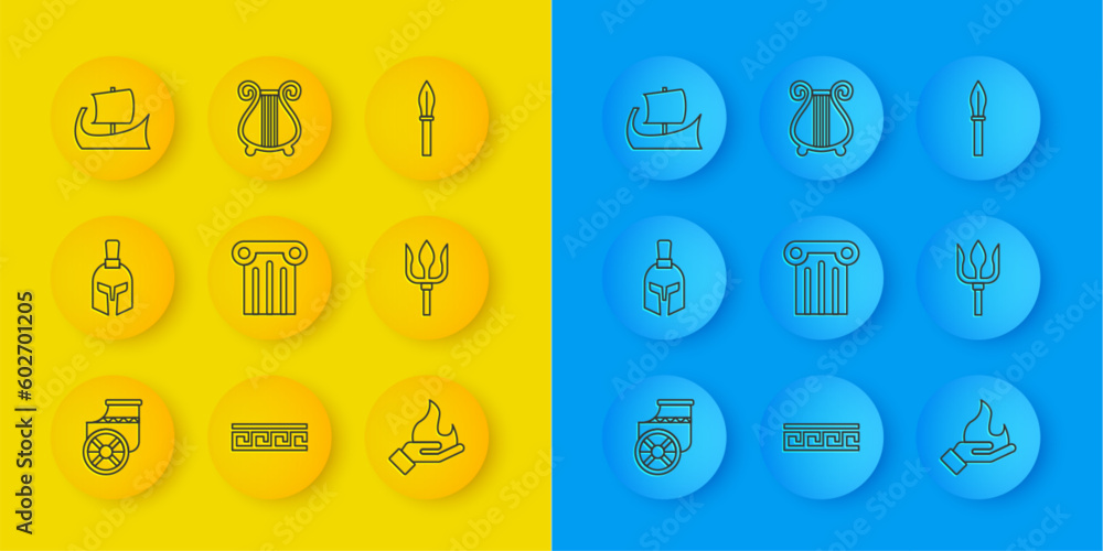 Set line Ancient chariot, Greek helmet, column, Hand holding fire, Neptune Trident, trireme, Medieval spear and lyre icon. Vector Set line Ancient chariot, Greek helmet, column, Hand holding fire, Neptune Trident, trireme, Medieval spear and lyre icon. Vector