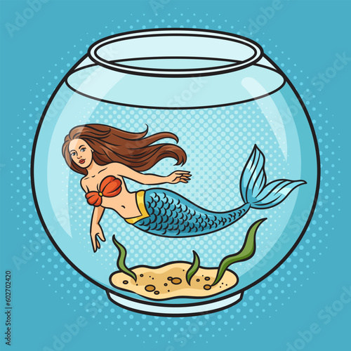 mermaid in aquarium pinup pop art retro vector illustration. Comic book style imitation.