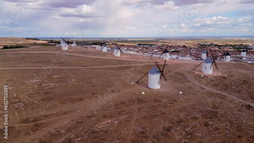 Aerial Shot Of Famous Quixote Windmills In Spain