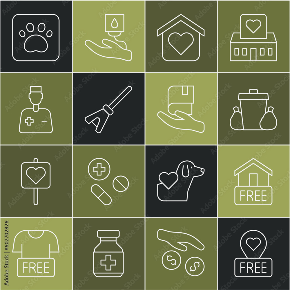 Set line Location with heart, Free home delivery, Trash can, Shelter for homeless, Mop, Male doctor, Paw print and Book donation icon. Vector Set line Location with heart, Free home delivery, Trash can, Shelter for homeless, Mop, Male doctor, Paw print and Book donation icon. Vector