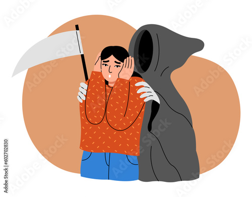 Death fear, phobia psychology concept. Scared woman afraid of reaper in cape with scythe behind her. Flat vector illustration.