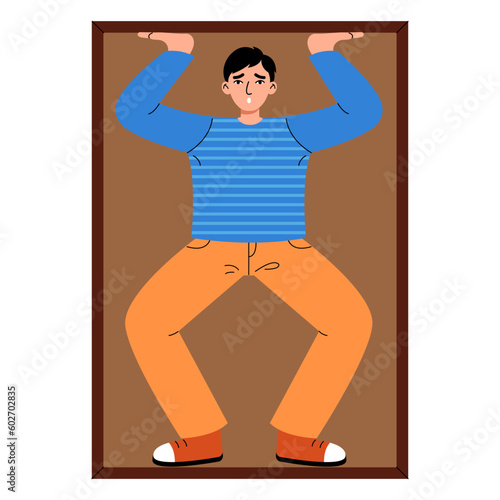 Claustrophobia, phobia psychology concept. Fear of confined spaces. Man with panic attack limited in narrow closed space. Flat vector illustration.
