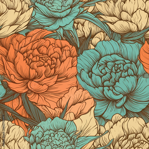 Seamless Colorful Peony Pattern.Seamless pattern of peonys in colorful style. Add color to your digital project with our pattern!
