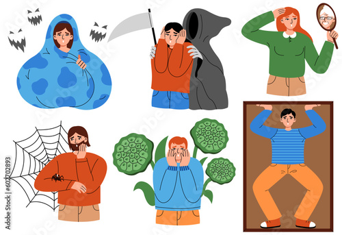 People with different phobias and fears. Psychological problem.  Female and male characters afraid of spiders, death, aging, darkness, confined spaces. Flat vector illustration.