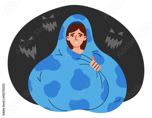 Nyctophobia, phobia psychology concept. Fear of dark. Woman sitting under blanket, afraid of imagined monsters looking from darkness at night. Flat vector illustration.
