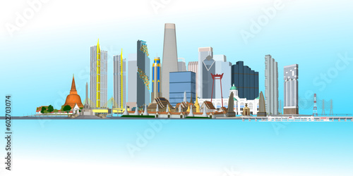 Bangkok, Thailand, is a modern city and a world-class tourist destination. drawing black line art illustration vector