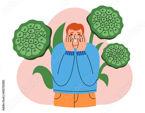 Trypophobia, phobia psychology concept. Scared man afraid of patterns of small holes on lotus seed heads behind him. Flat vector illustration.
