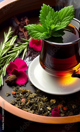 Taza de té aromático con diferentes hierbas y flores. Generado por IA