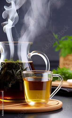 Tetera con variedad de hierbas junto a taza de té en una bandeja de madera sobre una mesa. Generado por IA