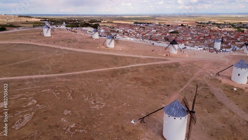 Aerial Shot Of Famous Quixote Windmills In Spain