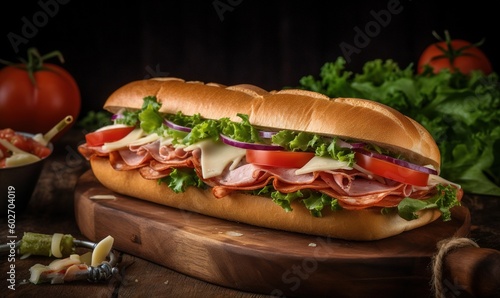  a sub sandwich with meat, lettuce, tomatoes, and cheese. generative ai