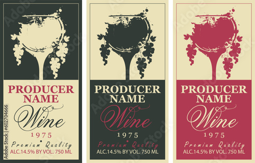 set of vector wine labels with a glass of wine, splashes and drops and grapes