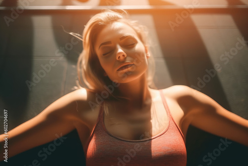 Fitness Goddess. A full-body shot of a gorgeous girl lying on a gym floor. Health and fitness inspiration concept. AI Generative