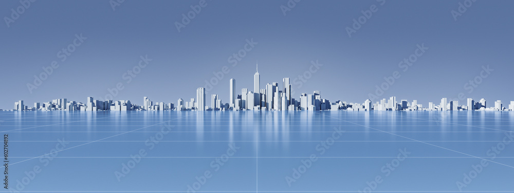 3D Render of Panoramic Futuristic Minimal City Concept