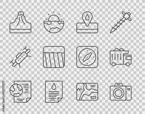 Set line Earth globe with document, Photo camera, Oilfield, drop, Volcano, Ground, Topographic map and Mining dump truck icon. Vector