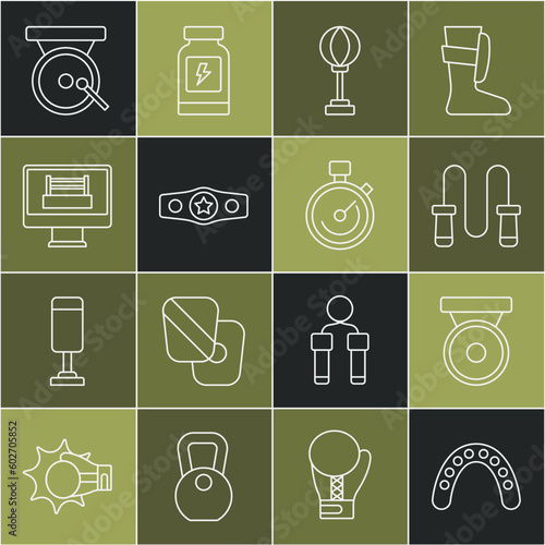Set line Mouth guard boxer, Boxing gong, Jump rope, Punching bag, belt, ring, and Stopwatch icon. Vector