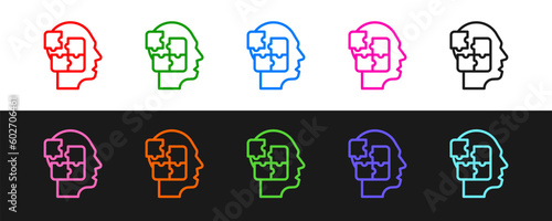 Set line Human head puzzles strategy icon isolated on black and white background. Thinking brain sign. Symbol work of brain. Vector