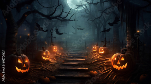 Spooky, scarry halloween forest with scary black trees and pumpkins on the ground. AI generated. Background, wallpaper photo