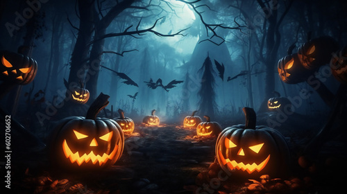 Spooky, scarry halloween forest with scary black trees and pumpkins on the ground. AI generated. Background, wallpaper