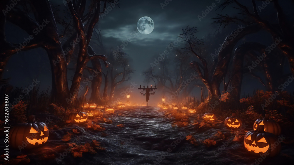Spooky, scarry halloween forest with scary black trees and pumpkins on the ground. AI generated. Background, wallpaper Spooky, scarry halloween forest with scary black trees and pumpkins on the ground. AI generated. Background, wallpaper
