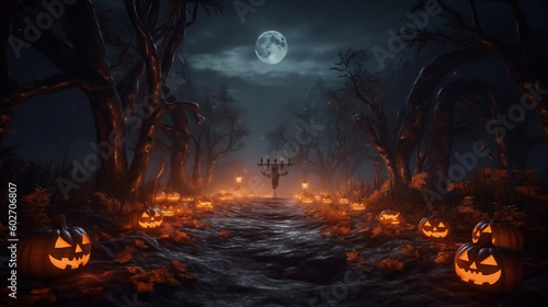 Spooky, scarry halloween forest with scary black trees and pumpkins on the ground. AI generated. Background, wallpaper photo