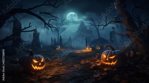 Spooky, scarry halloween forest with scary black trees and pumpkins on the ground. AI generated. Background, wallpaper