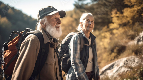 Happy elderly senior couple hiking in the mountains together, enjoying life, generated ai