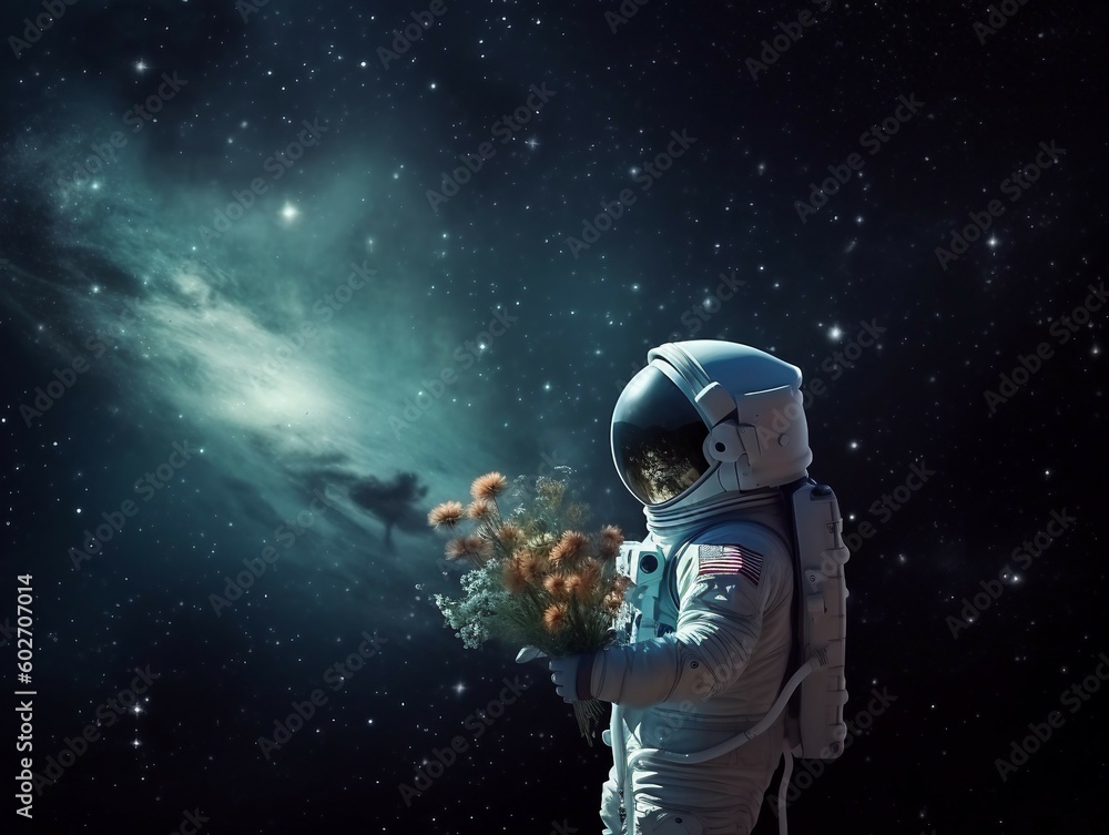 Astronaut in outer space with a bouquet of flowers. AI generated Astronaut in outer space with a bouquet of flowers. AI generated