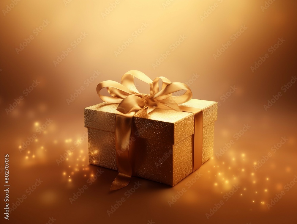 A gift box with a golden ribbon on warm red yellow background with bokeh and sparkles. AI generated A gift box with a golden ribbon on warm red yellow background with bokeh and sparkles. AI generated