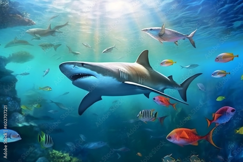 Fototapeta premium Great white shark swimming among tropical fishes, magical, stunning