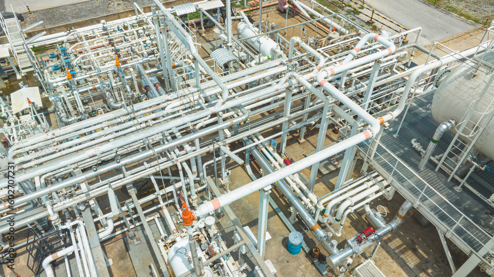 Top view steel long pipes and valve pipe elbow in station oil factory Top view steel long pipes and valve pipe elbow in station oil factory