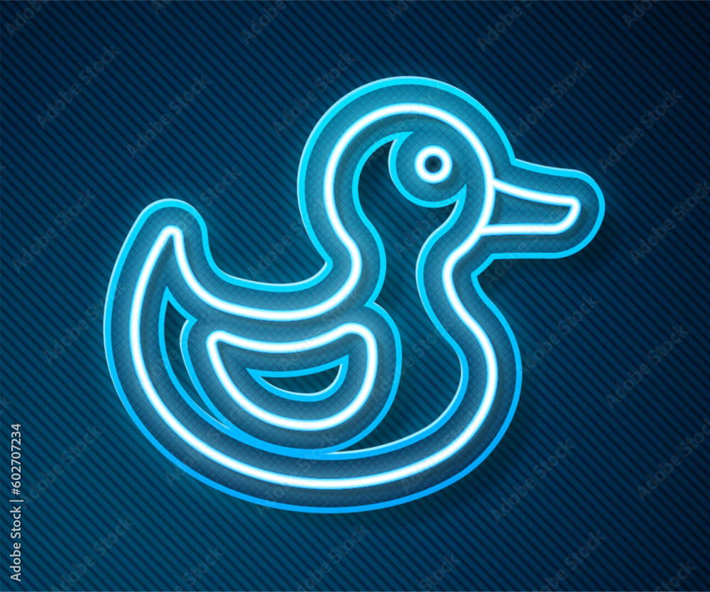 Glowing neon line Rubber duck icon isolated on blue background. Vector Glowing neon line Rubber duck icon isolated on blue background. Vector