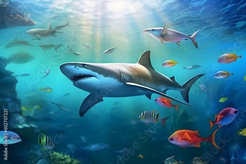 Great white shark swimming among tropical fishes, magical, stunning