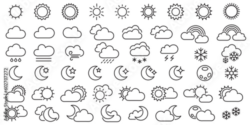 Weather forecast, outline web icon set, vector thin line icons collection. Editable stroke.