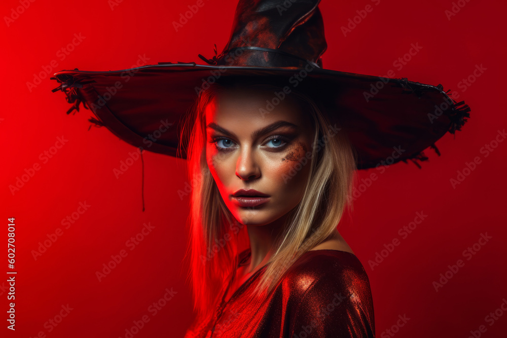 Portrait of a sexy halloween witch against a red background. Generative ai Portrait of a sexy halloween witch against a red background. Generative ai
