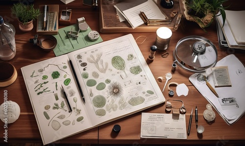  a table topped with lots of different types of plants and writing utensils. generative ai