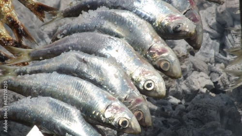 Sardines espetos grilled at fire, typical spanish food